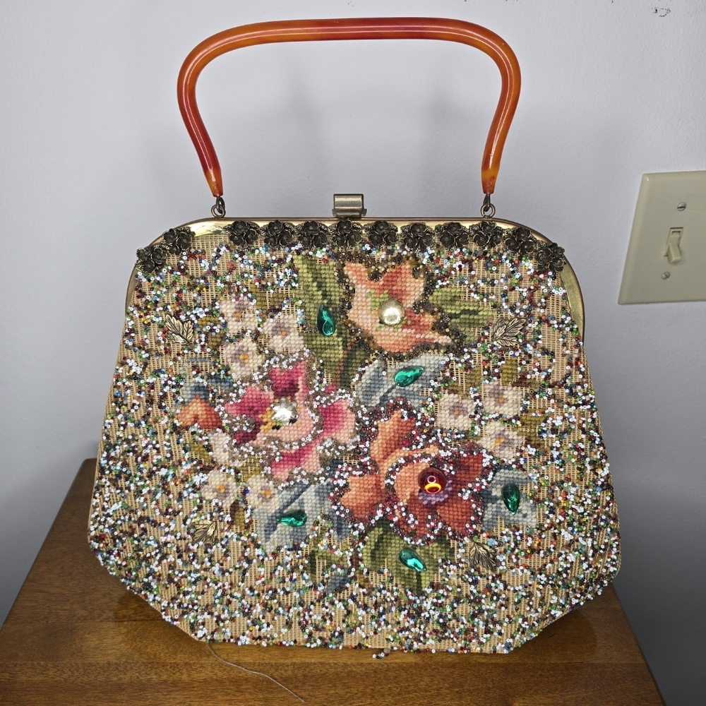 Vintage 40's/50's  Floral Beaded Bag with Orange Lucite  Handle